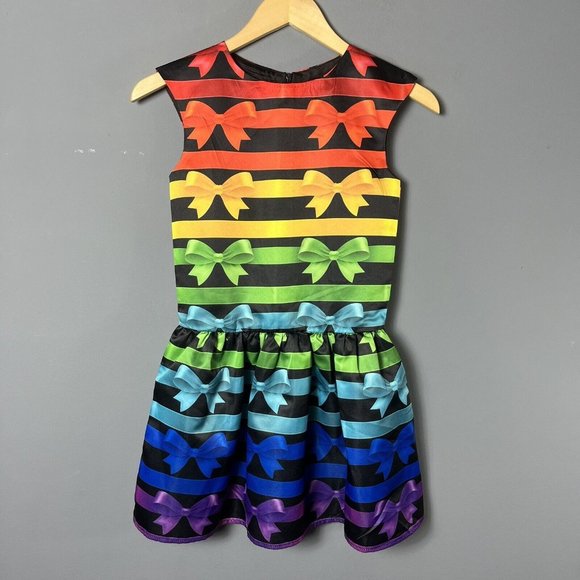 HALABALOO Girls Size 10 Rainbow Bow Striped Dress Sleeveless Colorful Party - Picture 1 of 6